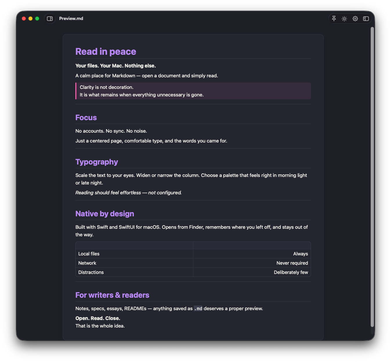 Markdown Preview with a purple accent theme